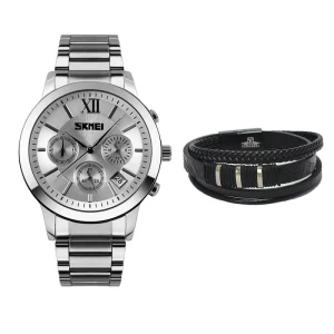 ساعت مچی عقربه‌ای کوارتز مردانه اسکمی مدل 9097SI به همراه دستبند