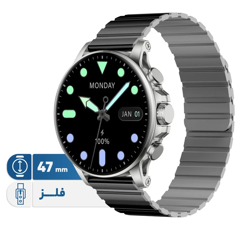 ساعت هوشمند ورزشی و روزمره گلوریمی مدل M2 MAX LTD سایز قاب 47 میلی‌متر، دارای بند سیلیکون، سازگار با سیستم عامل اندروید و iOS، دارای سنسورهای شمارنده ضربان قلب، سنجش اکسیژن خون و سنجش کیفیت خواب، گام‌شمار، دارای قابلیت‌های کنترل موسیقی (Music Player)