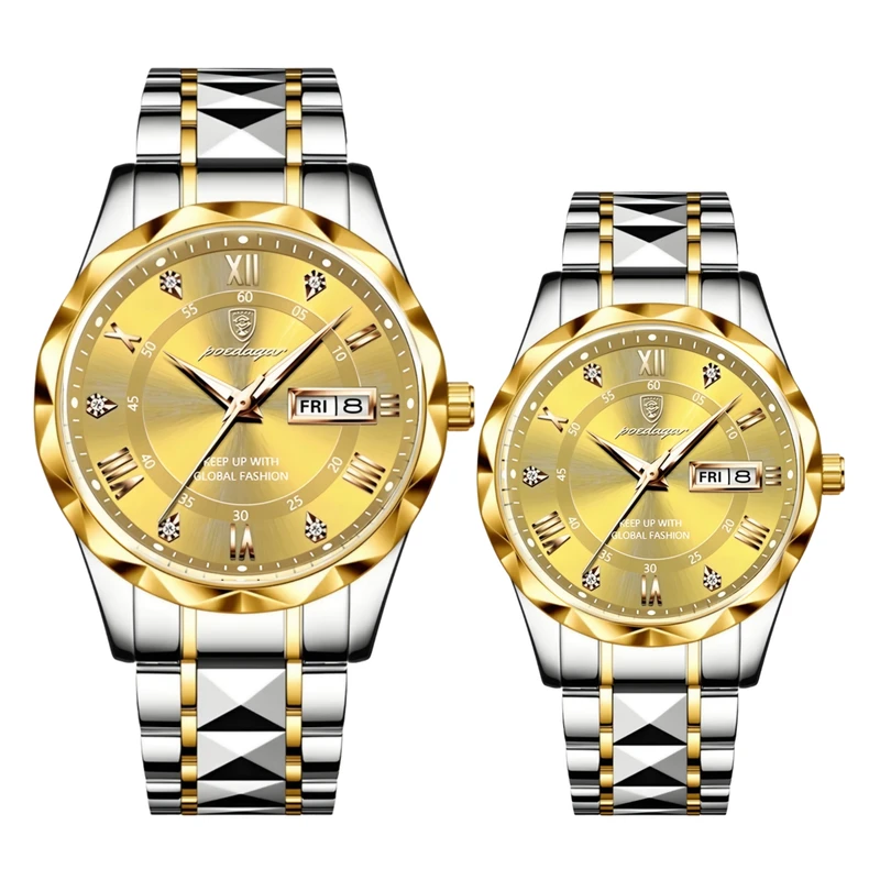 ست ساعت مچی عقربهای زنانه و مردانه پوداگار مدل کوارتز کلاسیک طرح تراش الماسی کد P10